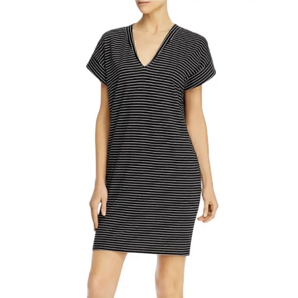Frame Women’s Size XS Le V Mini T-Shirt Dress Noir Black Stripes Pima Cotton